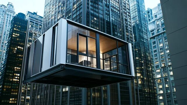 A modular container unit, equipped with windows and balcony rails