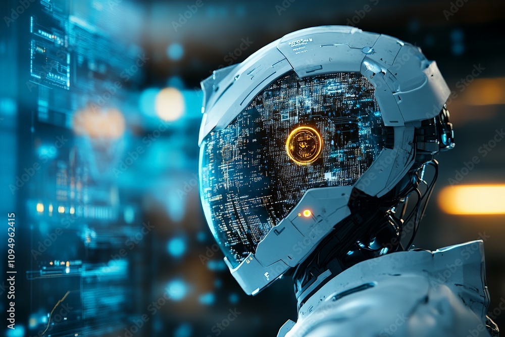Poster close-up of a futuristic ai robot, with a glowing digital display on its screen, analyzing and proce