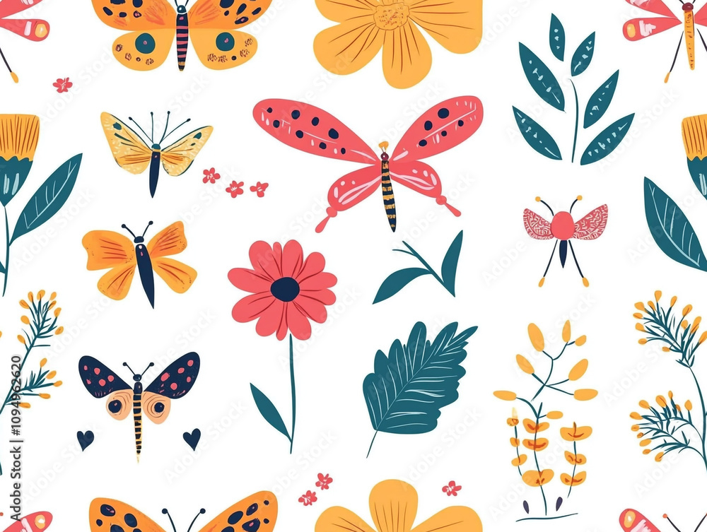 Poster a colorful butterfly pattern with flowers and leaves. the butterflies are of different sizes and col
