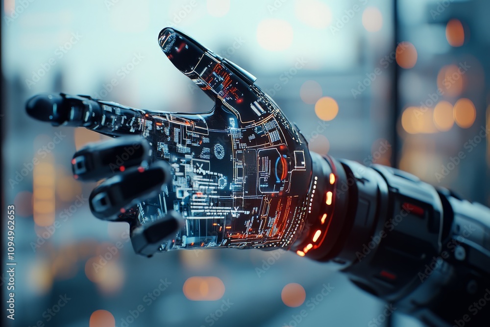 Poster a close-up view of a robotic hand with visible circuit patterns and glowing lights, symbolizing tech