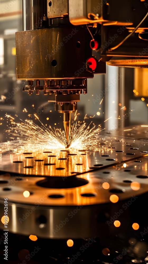 Poster a close-up of a cnc machine cutting metal, creating sparks for precision engineering.