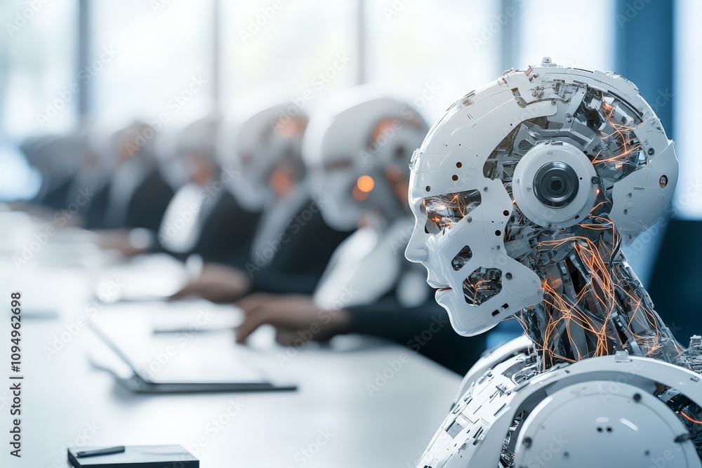 Poster multiple robots seated at desks in an office, working diligently in a highly advanced workplace envi