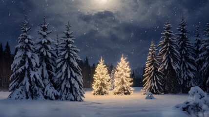  Enchanting Winter Wonderland with Illuminated Snow-Covered Trees Under a Starry Sky