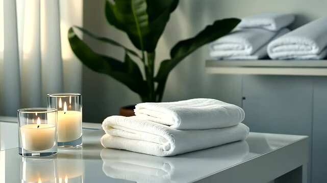 A pristine white table in a softly lit bathroom with delicate glass candle holders casting warm flickering flames, a folded cotton towel, and a small potted plant, creating a tranq