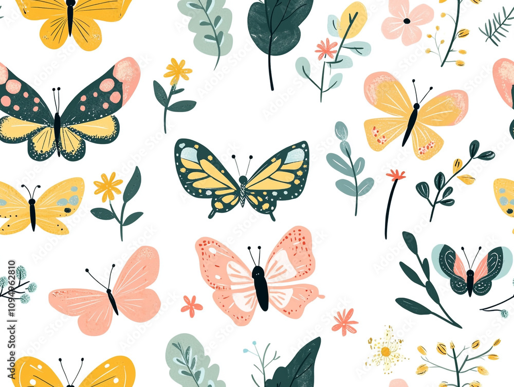 Poster a colorful butterfly pattern with flowers and leaves. the butterflies are of different sizes and col