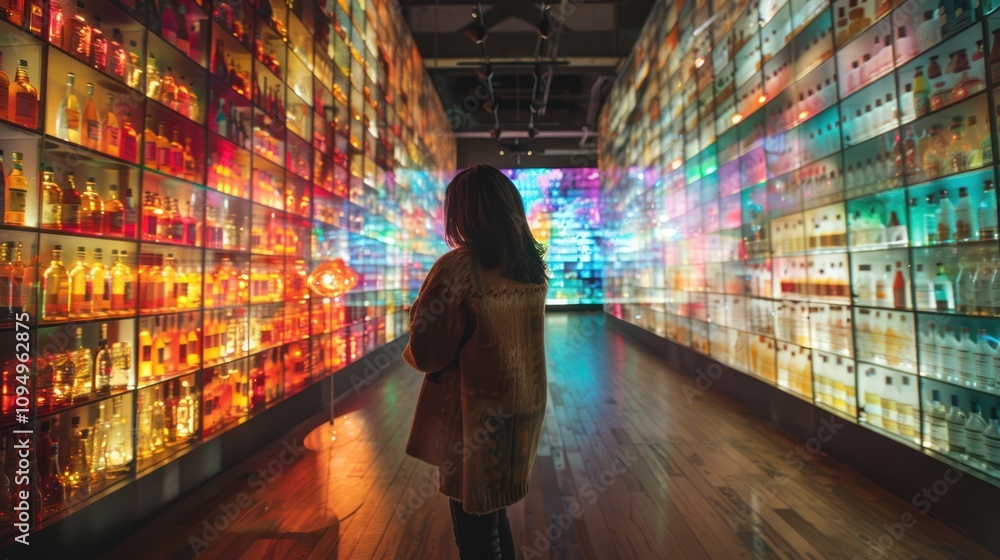 Aufkleber a person explores a vibrant display of colorful bottles in a modern, illuminated space.