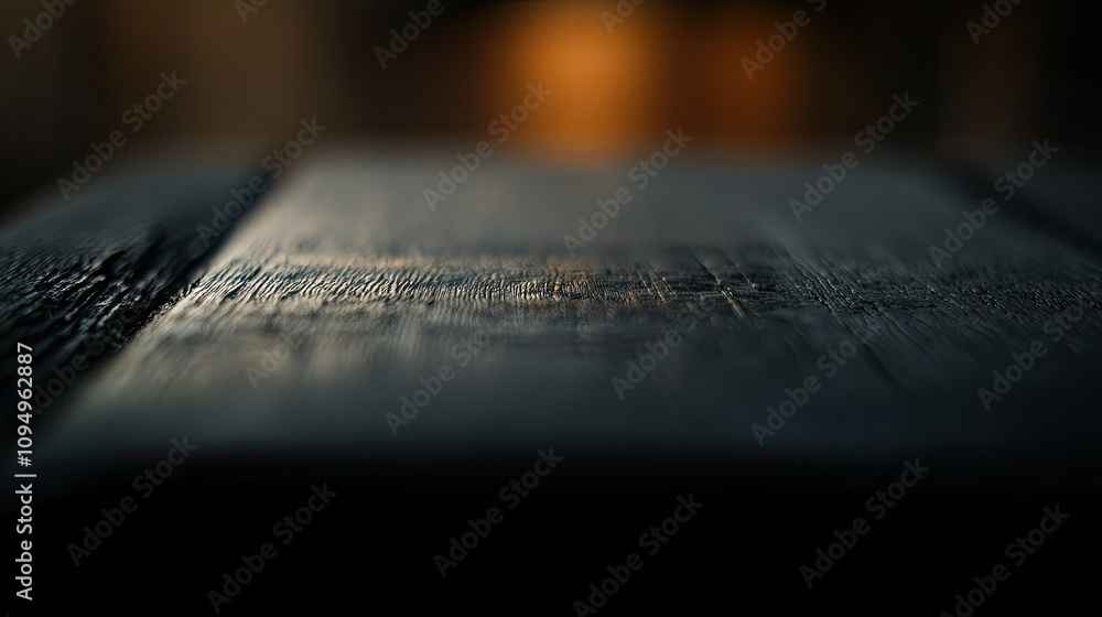 Poster close-up of dark textured wood surface with subtle light reflection and warm bokeh background creati