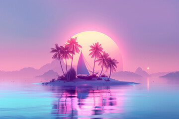 small island with palm trees and a sailboat, set against a vibrant pink and purple sunset with reflections on calm waters, evoking peace and adventure.