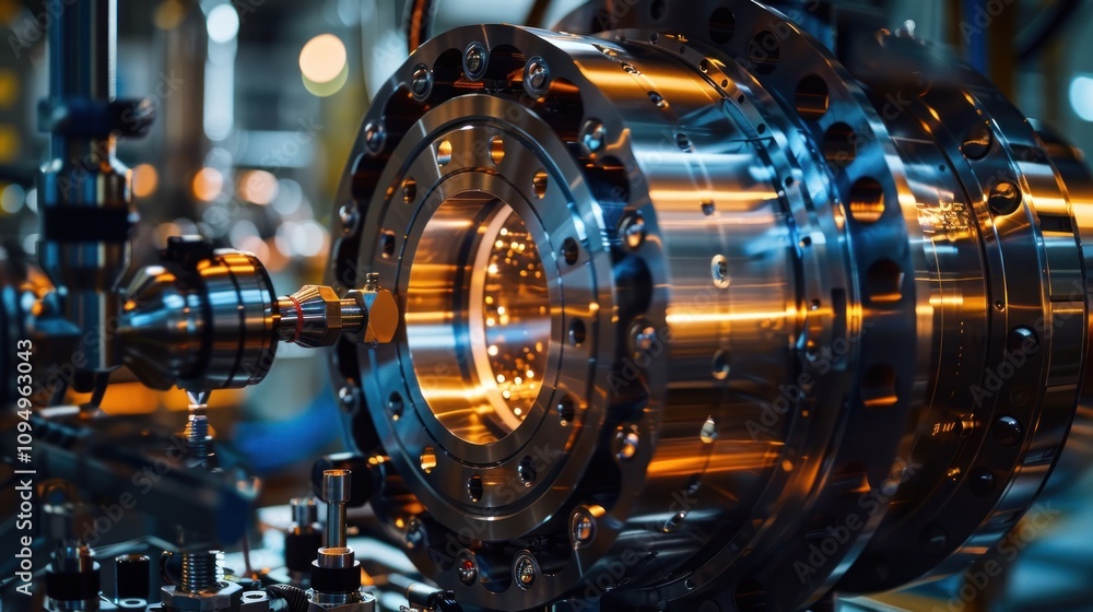 Poster close-up of a complex industrial machine component with intricate metallic details.