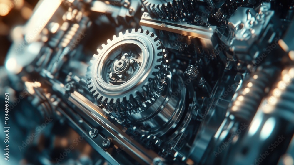 Poster close-up view of intricate mechanical gears and cogs in a shiny metallic assembly, showcasing precis