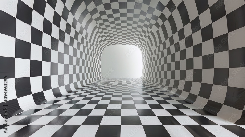 Aufkleber a surreal tunnel with a black and white checkerboard pattern, creating an optical illusion.