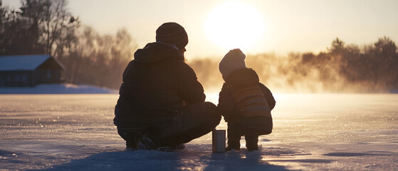 touching moment: father and his toddler kid silhouettes ice fishing on frozen lake; quality time together; white winter outside