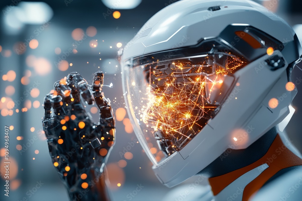 Poster a futuristic robot with a transparent helmet, showcasing glowing internal circuits, symbolizing adva