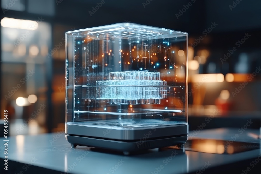 Poster a futuristic holographic cube displayed in a high-tech setting, representing innovation and the evol