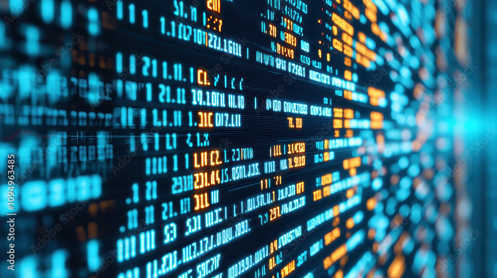 Poster abstract digital data flow with bright luminous elements on a dark background, representing technolo