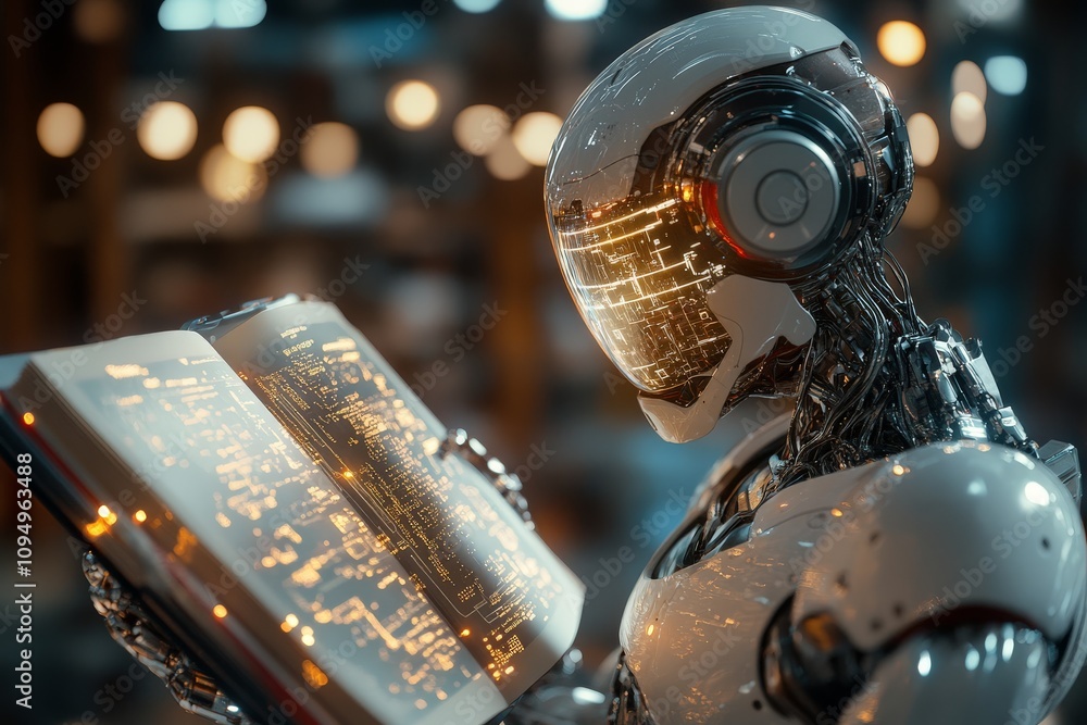 Poster a robot reading a glowing digital book, symbolizing the intersection of technology and knowledge, an