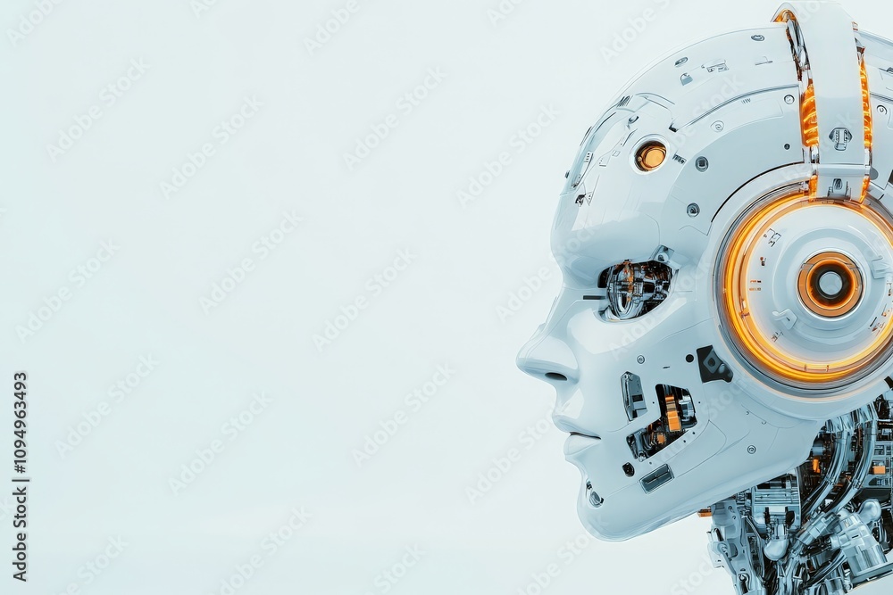 Poster profile view of a robot head featuring a sleek and modern design with visible internal workings, hig