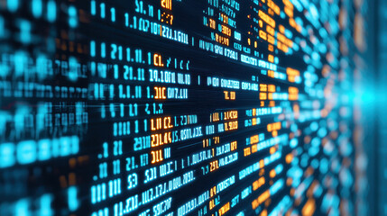 Obraz premium Abstract digital data flow with bright luminous elements on a dark background, representing technology and information exchange.