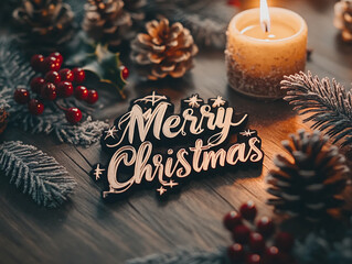 xmas decorations on wooden background and merry christmas text sign burning candle pine cone and holly mistletoe berries