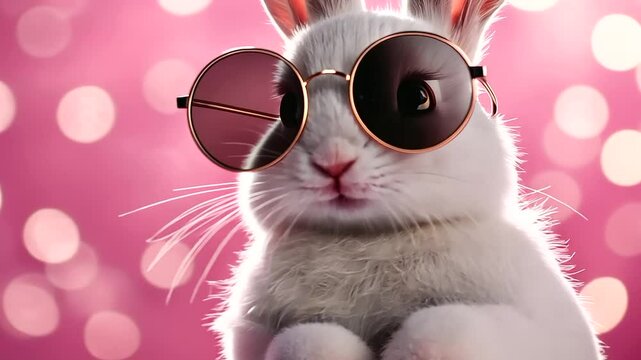 Against a soft pink background with sparkles and hearts, a tiny bunny with oversized round sunglasses gives a shy smile, adding a sweet, lovable charm perfect for a whimsical look.