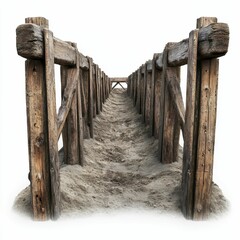Naklejka premium Weathered wooden pathway, sandy, receding.