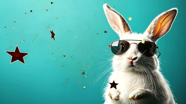 Against a vibrant teal background, an adorable bunny with slick aviator sunglasses tilts its head with attitude, surrounded by splashes of color and playful stars, perfect for a wh