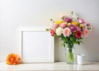 Elegant Blank Horizontal Picture Frame Mockup with Fresh Flowers Against a White Wall for Home Decor, Interior Design, and Creative Projects Showcase