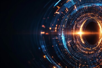 Obraz premium A circular digital vortex features swirling patterns with glowing blue and orange circuit-like elements that create a dynamic sense of motion and energy.