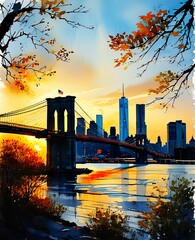 Sunset Over Brooklyn: A Watercolor Tribute to New York City’s Iconic Skyline