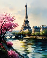 Parisian Dream: Watercolor View of the Eiffel Tower and Seine at Sunset