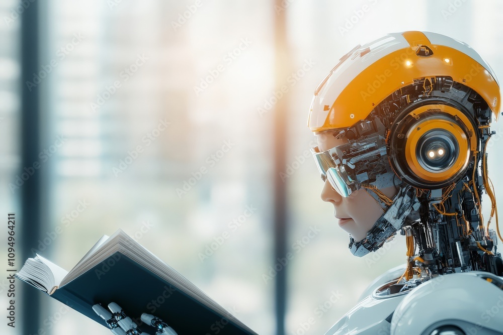 Poster a humanoid robot with intricate mechanical details reads a book, symbolizing the integration of arti