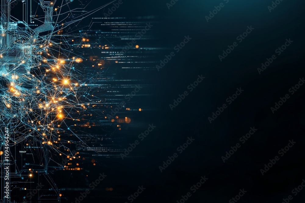 Poster an intricate network of glowing blue and orange circuit lines form an abstract pattern on a dark bac