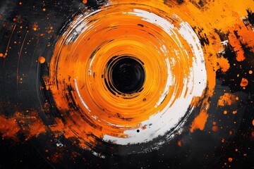Abstract orange and black vortex design with circular paint strokes