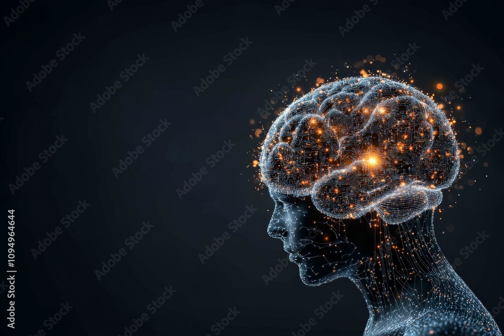 Poster an abstract depiction of a human brain emphasizes neural connections and the flow of information, sy