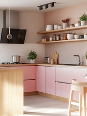 Modern Pink Kitchen Design With Wooden Accents