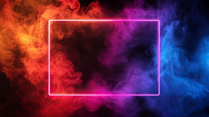 Neon frame smoke color fire glowing. Full color. Frame mockup.