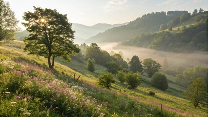 Naklejka premium The morning sun breaks through the mist on a hillside covered in trees and flowers, flowers, landscape, morning