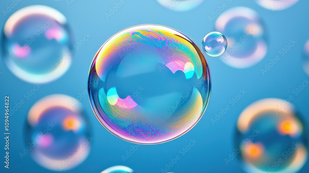 Poster colorful soap bubbles floating in a clear blue background, creating a vibrant and playful atmosphere