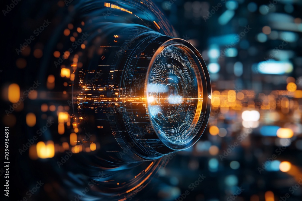 Poster a circular digital interface pulses with glowing connections, illustrating network connectivity, tec