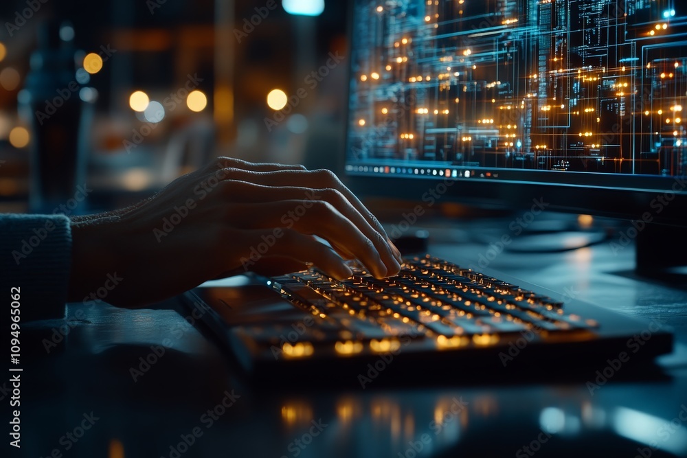Poster in a dimly lit space, hands type code on a sleek keyboard, representing the meticulous craft of prog