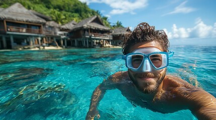 Naklejka premium Young man snorkeling above the sea water near the beach