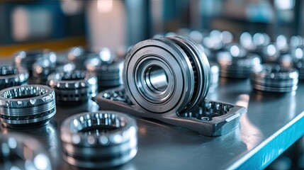 Fototapeta premium High-Quality Metal Bearings on a Table in a Manufacturing Facility Showcasing Precision Engineering and Industrial Components in Focused Lighting