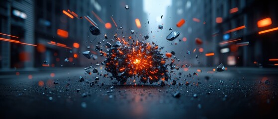 Dramatic explosion power concept, An explosion of sparks and debris fills a deserted urban street, creating a dramatic and intense scene.