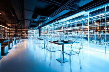The image showcases a modern restaurant featuring transparent chairs and futuristic neon blue lighting, creating a sleek and upscale atmosphere.