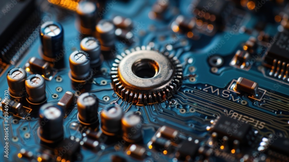 Poster close-up of a circuit board showcasing electronic components and connections.