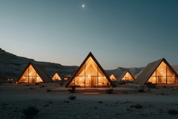 A serene desert scene with warmly-lit triangular lodges under a crescent moon, exemplifying tranquility and architectural harmony with the natural environment.