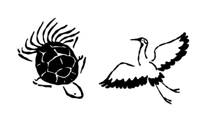 Silhouettes of a crane and a turtle / black and white / crane / turtle / Japanese-style material / lucky charms