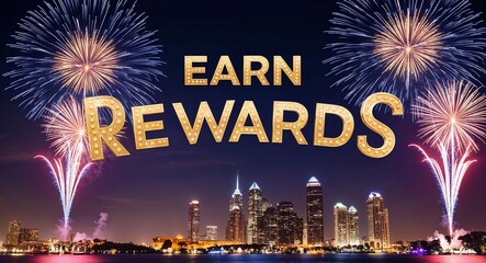 earn rewards lettering design on night sky with fireworks background new year party concept