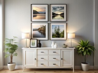 Elegant Double Exposure Photography of a Framed Collage on a Wall with a Stylish Dresser and Black Vase in a Modern Room Setting