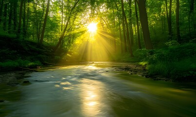 Obraz premium A sunbeam pierces through the canopy of a lush, green forest, casting a golden glow on a tranquil stream